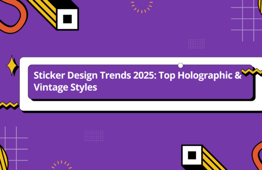 Sticker Design Trends 2025 banner featuring top holographic and vintage styles in a bold purple and orange Memphis design theme
