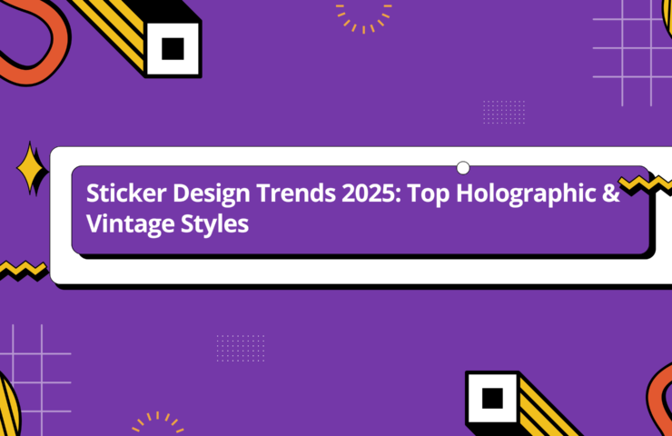 Sticker Design Trends 2025 banner featuring top holographic and vintage styles in a bold purple and orange Memphis design theme