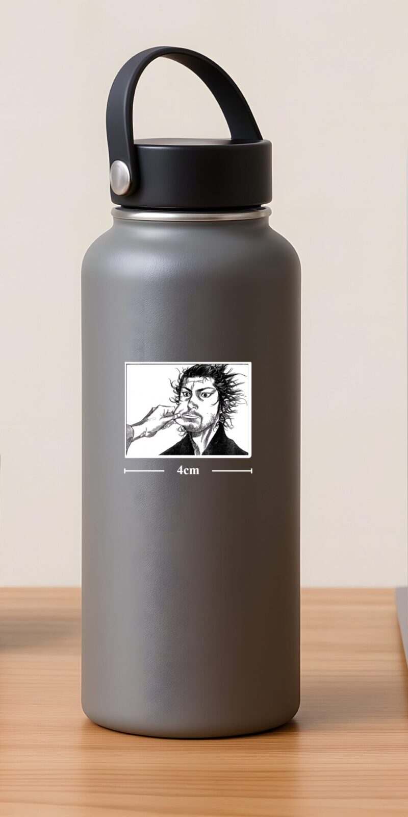 Musashi Miyamoto Vagabond Sticker with sketch-style humor. Perfect for manga fans to decorate laptops, bottles, and notebooks.