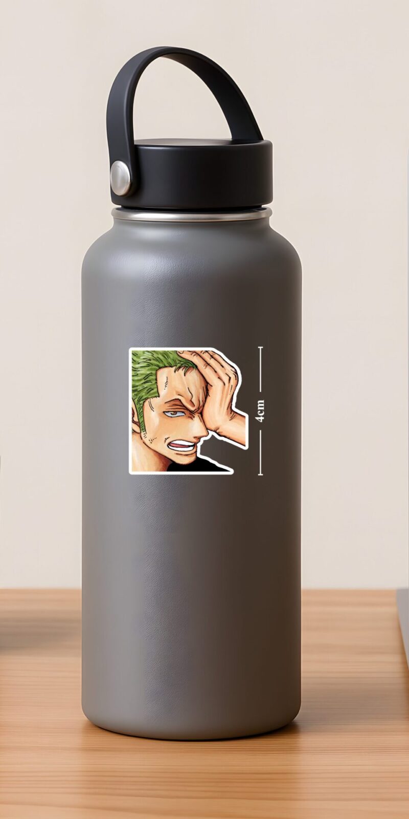 Roronoa Zoro One Piece Sticker with facepalm moment, durable matte vinyl and kiss cut edges for laptops, bottles, and cases.