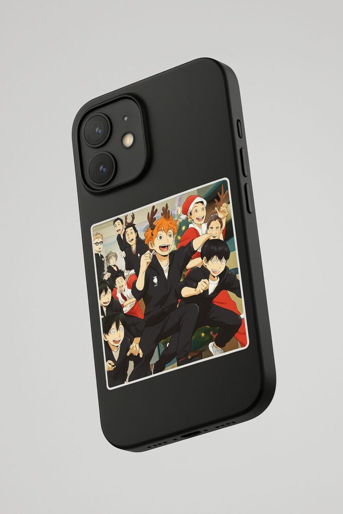 Black phone featuring a custom anime sticker design, representing anime sticker branding ideas for fan engagement and personalized product marketing.