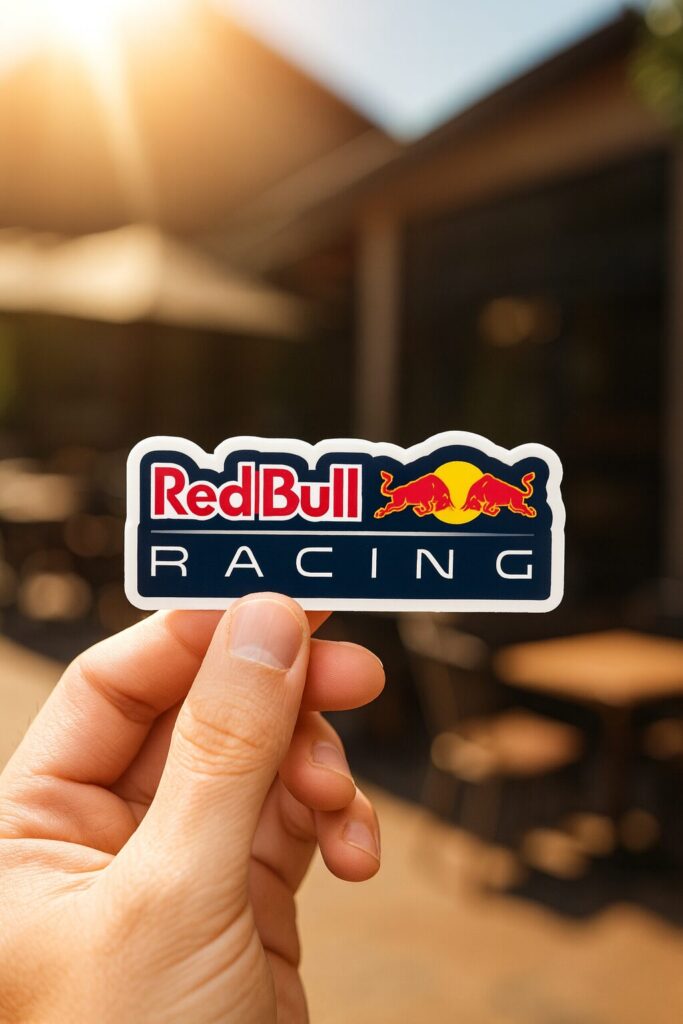 Hand holding a Red Bull Racing vinyl sticker outdoors in sunlight showing how to protect stickers outdoors and make vinyl stickers last longer